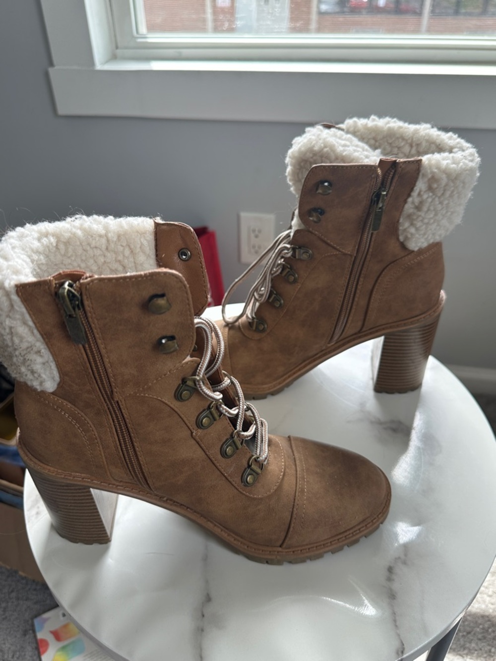 Women’s Brown Sherpa-Lined Lace-Up Heel Boots